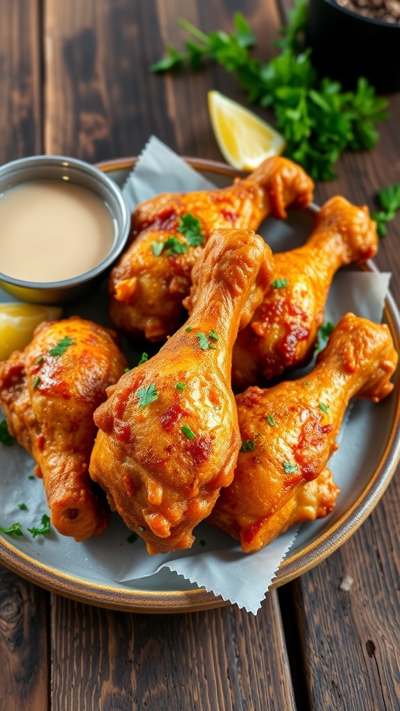 Crispy fried chicken drumsticks on a plate with herbs and dipping sauce.
